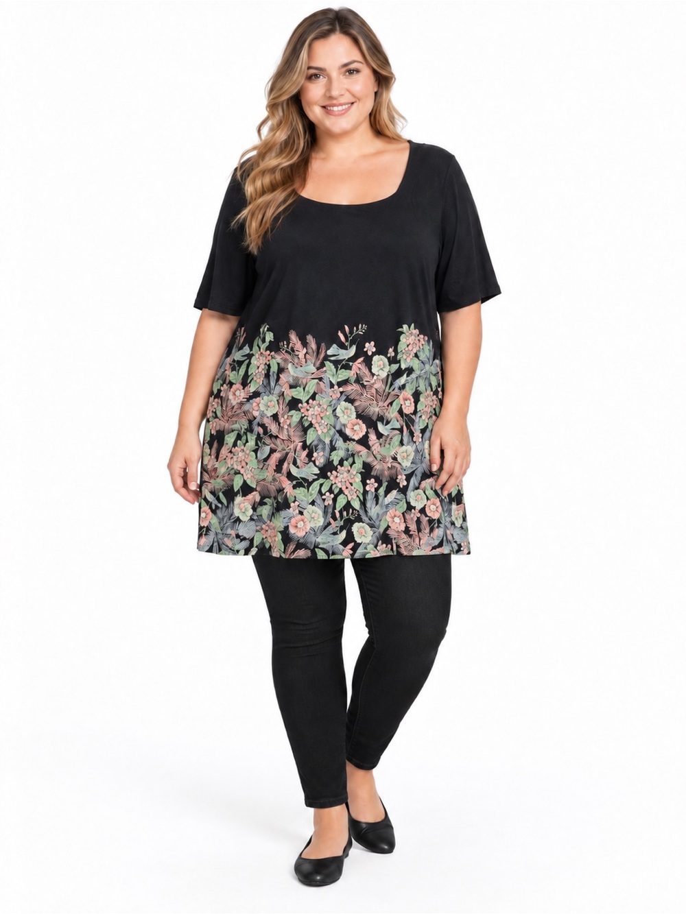 J. Jill Wearever Collection Black Floral Border Print Stretch Tunic Top XL